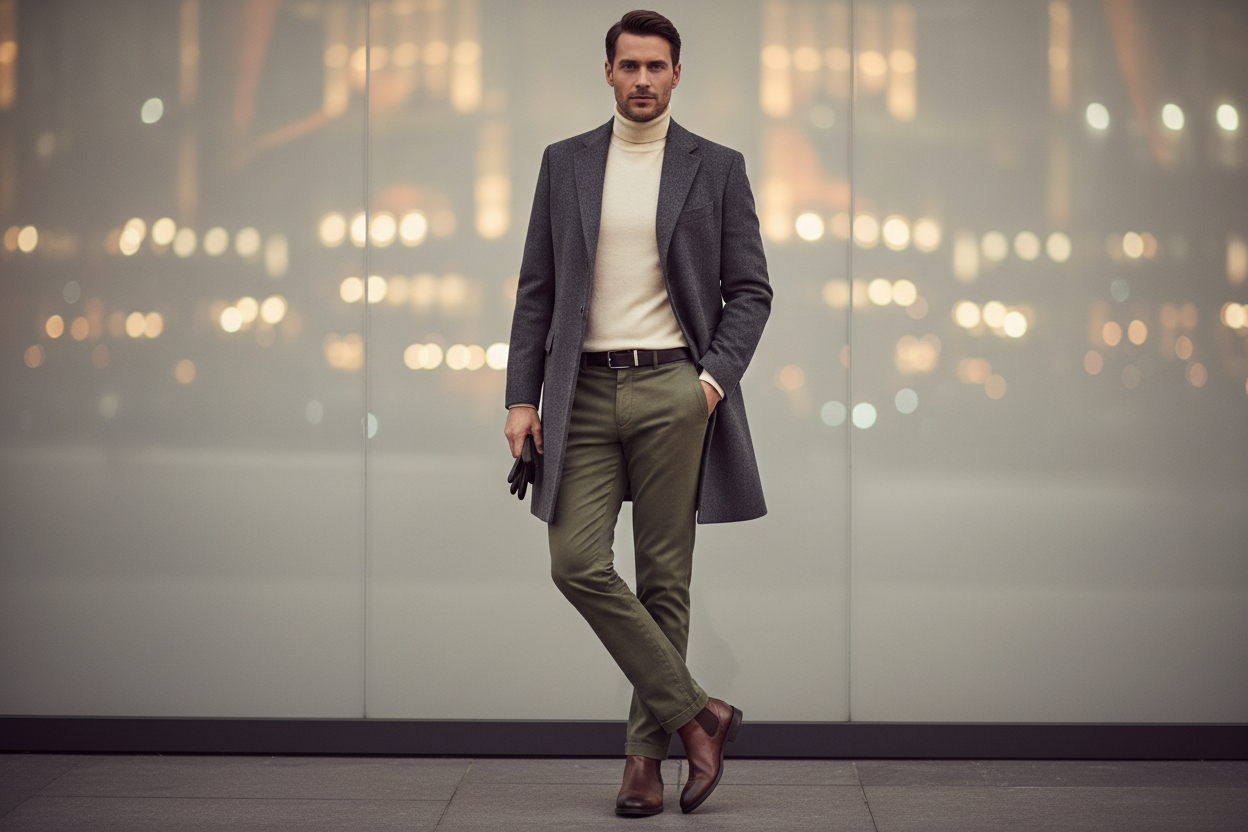 uomo elegante in posa con abbigliamento smart casual invernale